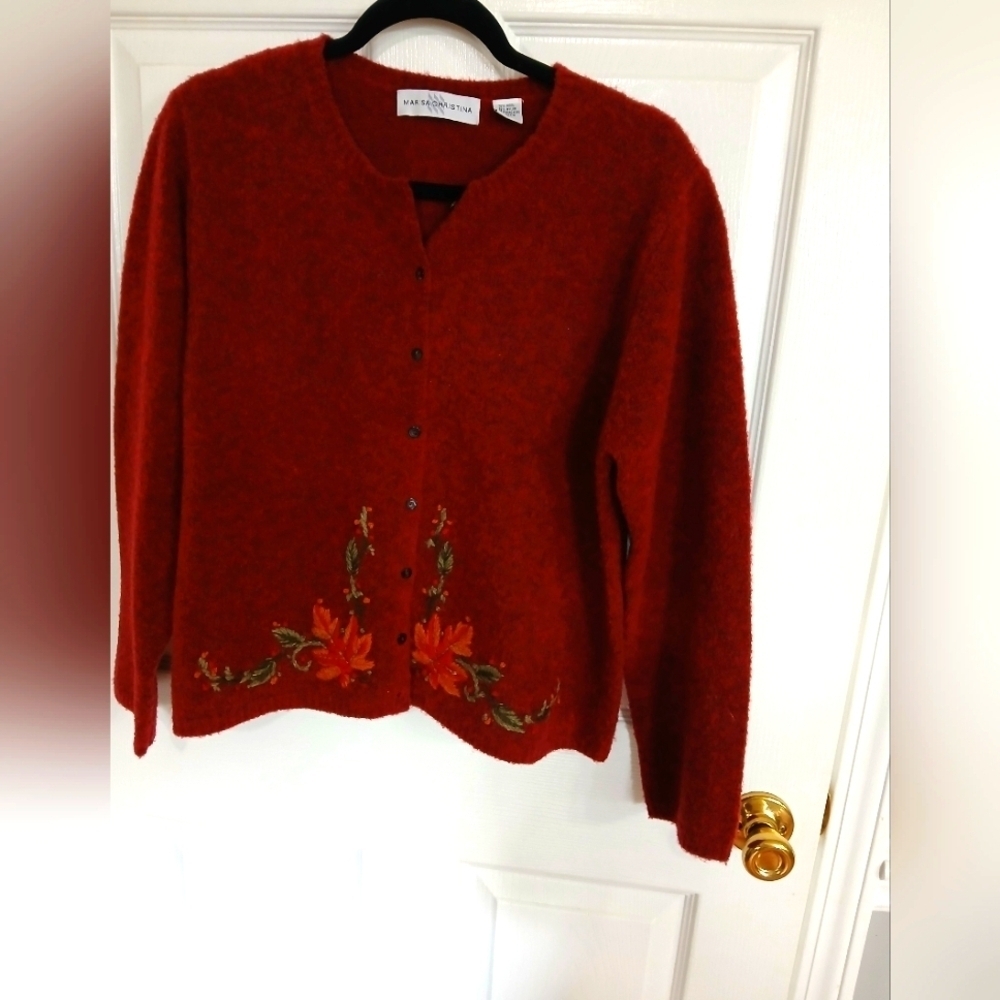 Marisa Christina Wool Blend Fall Embroidered Button Front Cardigan Size L